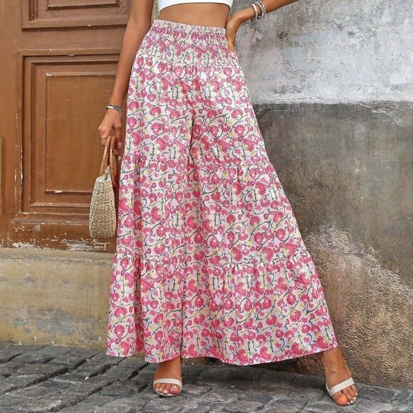 Pink Boho Women's Allover Print High Waist Wrap Around Wide Leg Pants - Picture 5 of 5